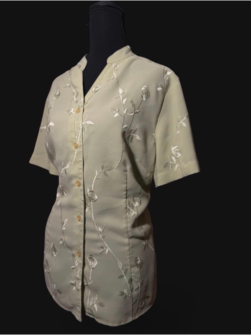 Apparenza Pale Sage Green Embroidered Short-Sleeve Button-Down Top